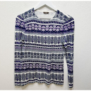 J MCLAUGHLIN Paisley Print Cotton Button Sleeve Sweater Blue Purple Artsy Unique